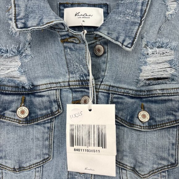 Kancan Women's Frayed Raw Hem Denim Trucker Jacket Blue Med Wash Size XL NWT - Picture 5 of 5